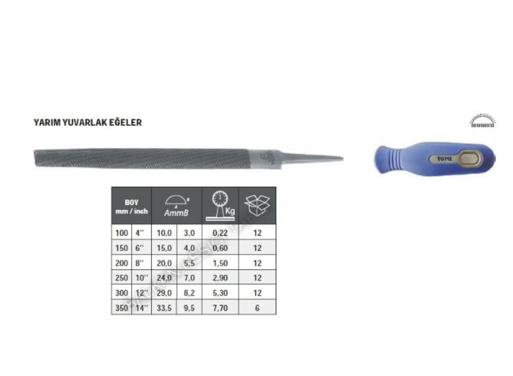 Tome Saplı Yarım Yuvarlak Eğe Orta Diş 350mm